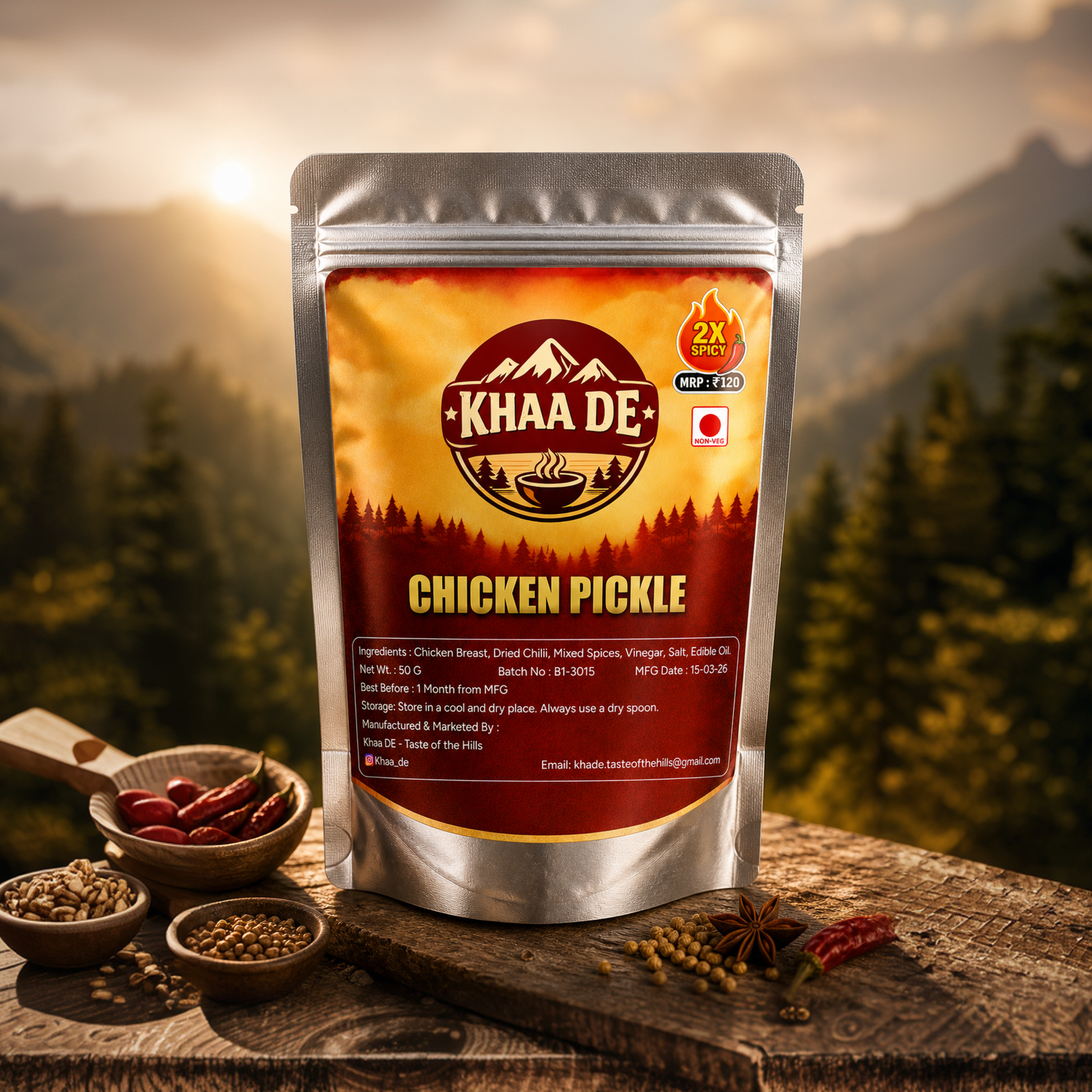 Spicy chicken pickle in pouch ready to eat travel friendly food India
