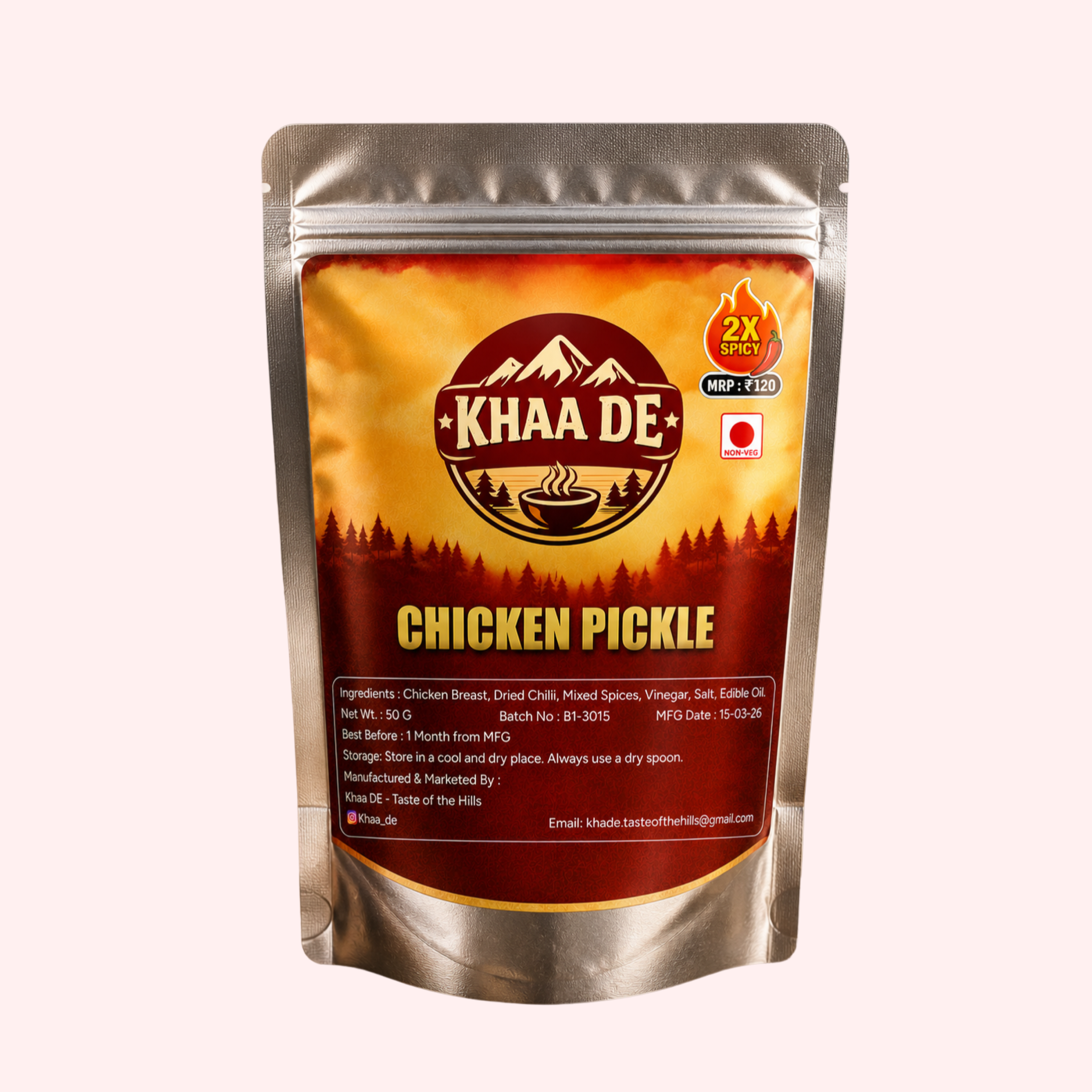 Homemade 2x spicy chicken pickle pouch 50g shredded chicken pickle India